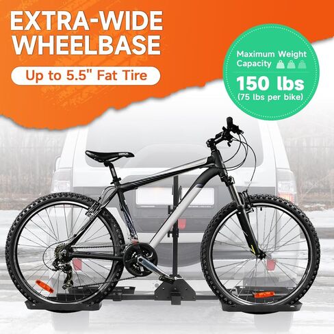 حامل منصة دراجتين - حامل دراجة بمنصة قابلة للإمالة، يدعم ما يصل إلى 150 رطلاً، يناسب الإطارات السميكة مقاس 5 بوصات، متوافق مع السيارات وسيارات الدفع الرباعي والشاحنات - يتضمن أشرطة السقاطة in Kuwait