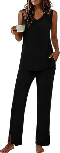 PrinStory Womens Pajama Sets Soft Knit Pjs 2 Piece Sleeveless Pajama Set Summer Lightweight Pj with Pockets in Saudi Arabia