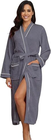 Rongtai Womens Waffle Robe Waffle Bathrobe Long Sleeve Bathbe مع Bitted and Mobicets Lightweight S-XXL in Kuwait