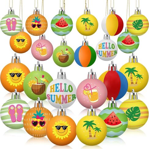 Soulchen 24 Pcs Summer Tree Ornaments Ball 1.2 Inch Mini Hawaii Plastic Ball Hanging Decoration Beach Sun Coconut Watermelon Wave Coastal Summer Hawaiian with String for Luau Party Favors Decor in Saudi Arabia