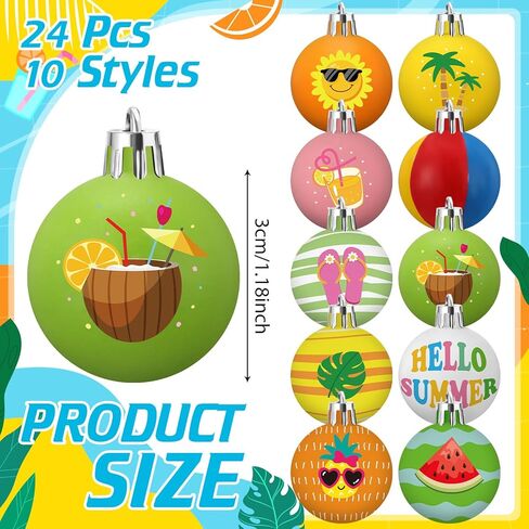 Soulchen 24 Pcs Summer Tree Ornaments Ball 1.2 Inch Mini Hawaii Plastic Ball Hanging Decoration Beach Sun Coconut Watermelon Wave Coastal Summer Hawaiian with String for Luau Party Favors Decor in Saudi Arabia