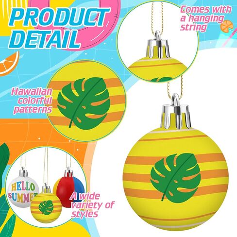Soulchen 24 Pcs Summer Tree Ornaments Ball 1.2 Inch Mini Hawaii Plastic Ball Hanging Decoration Beach Sun Coconut Watermelon Wave Coastal Summer Hawaiian with String for Luau Party Favors Decor in Saudi Arabia