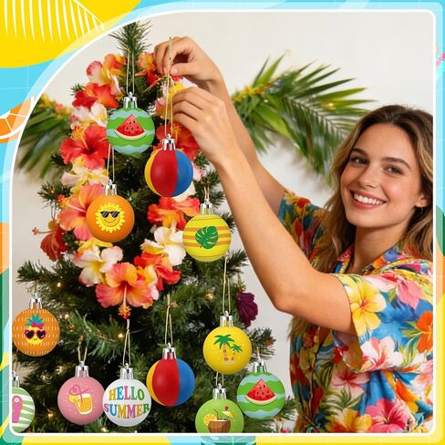 Soulchen 24 Pcs Summer Tree Ornaments Ball 1.2 Inch Mini Hawaii Plastic Ball Hanging Decoration Beach Sun Coconut Watermelon Wave Coastal Summer Hawaiian with String for Luau Party Favors Decor in Saudi Arabia