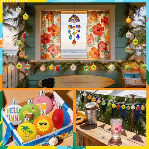Soulchen 24 Pcs Summer Tree Ornaments Ball 1.2 Inch Mini Hawaii Plastic Ball Hanging Decoration Beach Sun Coconut Watermelon Wave Coastal Summer Hawaiian with String for Luau Party Favors Decor in Saudi Arabia