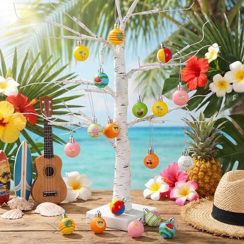 Soulchen 24 Pcs Summer Tree Ornaments Ball 1.2 Inch Mini Hawaii Plastic Ball Hanging Decoration Beach Sun Coconut Watermelon Wave Coastal Summer Hawaiian with String for Luau Party Favors Decor in Saudi Arabia