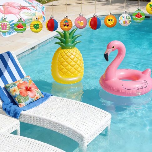 Soulchen 24 Pcs Summer Tree Ornaments Ball 1.2 Inch Mini Hawaii Plastic Ball Hanging Decoration Beach Sun Coconut Watermelon Wave Coastal Summer Hawaiian with String for Luau Party Favors Decor in Saudi Arabia