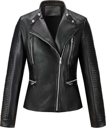 RISISSIDA Premium Women's Faux Leather Motorcycle Jacket,Quilted Sleeves,Multi-Zipper Design,Asymmetrical Biker Style in Kuwait