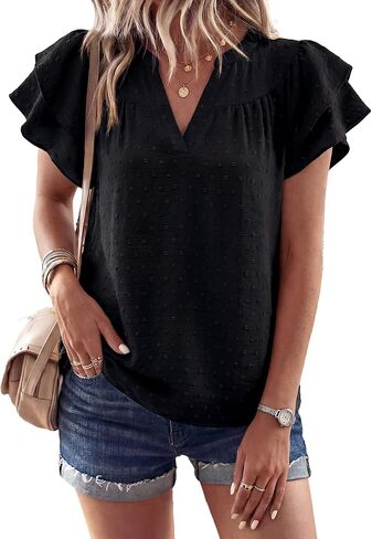 Gaharu Womens Dressy Summer Tops Ruffle Short Sleeve Blouses Casual V Neck Swiss Dot Boho Shirts in Kuwait