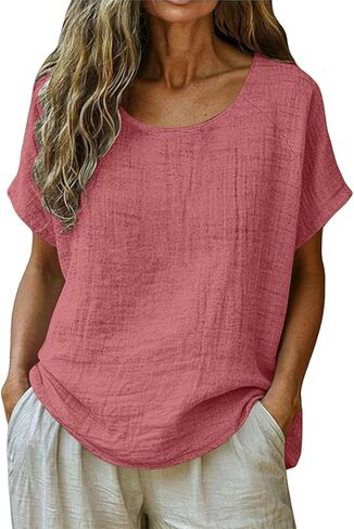 Linen Shirts for Women Spring Trendy Short Sleeve Crew Neck Loose Dressy Blouses Cotton Summer Beach Boho Casual Tops in Saudi Arabia