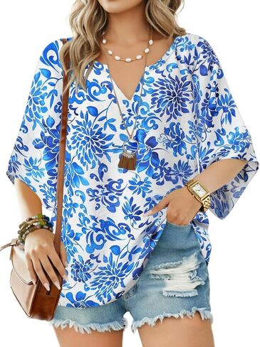 بلوزات بوهو للنساء برقبة على شكل V وأكمام 3/4 بلوزات خفيفة الوزن عصرية فضفاضة تناسب البوهيمي بلوزة تونك فلاحية غير رسمية in Kuwait