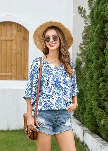 بلوزات بوهو للنساء برقبة على شكل V وأكمام 3/4 بلوزات خفيفة الوزن عصرية فضفاضة تناسب البوهيمي بلوزة تونك فلاحية غير رسمية in Kuwait