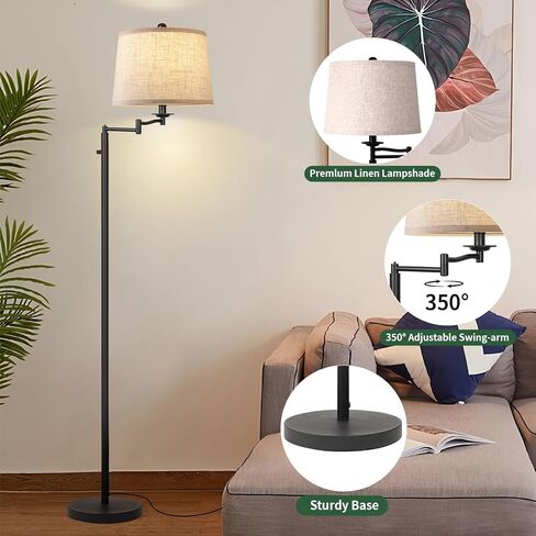 Dimmer LED Floor Lamp,Tall Standing Lamp with Swing Arm,Black Lamp with Dimmer LED Bulb,Elegant Floor Lamp for Living Rooms & Bedroom (Black) in Saudi Arabia