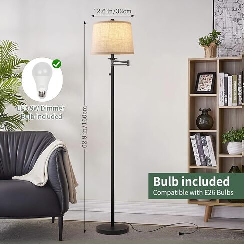 Dimmer LED Floor Lamp,Tall Standing Lamp with Swing Arm,Black Lamp with Dimmer LED Bulb,Elegant Floor Lamp for Living Rooms & Bedroom (Black) in Saudi Arabia