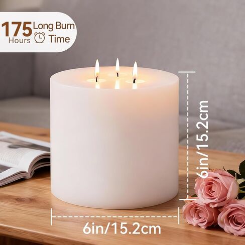 Extra Large Pillar Candles 3 Wick Unscented White Candles Emergency Pillar Candle 175 Hours Long Burning Candle 6" x 6" Dripless Smokeless Dinner Candles for Home Party in Saudi Arabia