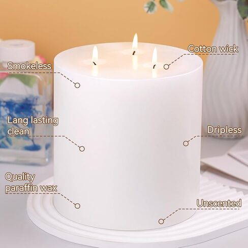 Extra Large Pillar Candles 3 Wick Unscented White Candles Emergency Pillar Candle 175 Hours Long Burning Candle 6" x 6" Dripless Smokeless Dinner Candles for Home Party in Saudi Arabia