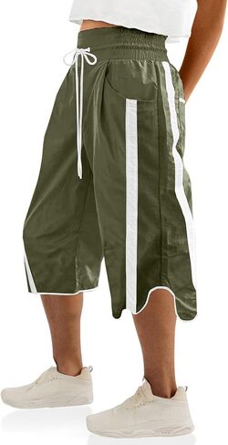 Womens Capri Midi Sweat Pants Wide Leg Baggy Parachute Spring Summer Casual Drawstring Knee Striped Pockets Pant in Saudi Arabia