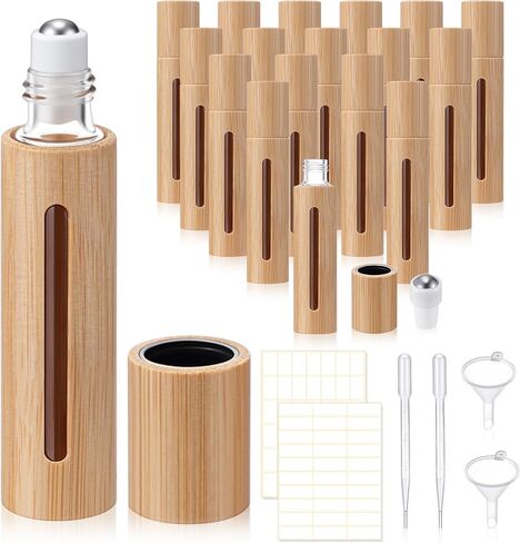 18 Pcs 10ml Bamboo Roll on Bottles for Essential Oils Empty Bottles with Stainless Steel Roller Balls with Funnels, 3ml Droppers and Stickers in Kuwait