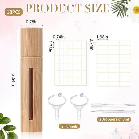 18 Pcs 10ml Bamboo Roll on Bottles for Essential Oils Empty Bottles with Stainless Steel Roller Balls with Funnels, 3ml Droppers and Stickers in Kuwait