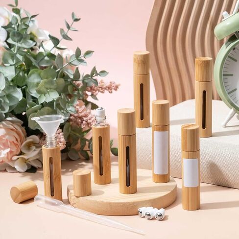 18 Pcs 10ml Bamboo Roll on Bottles for Essential Oils Empty Bottles with Stainless Steel Roller Balls with Funnels, 3ml Droppers and Stickers in Kuwait