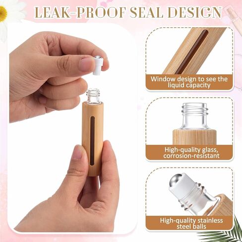 18 Pcs 10ml Bamboo Roll on Bottles for Essential Oils Empty Bottles with Stainless Steel Roller Balls with Funnels, 3ml Droppers and Stickers in Kuwait