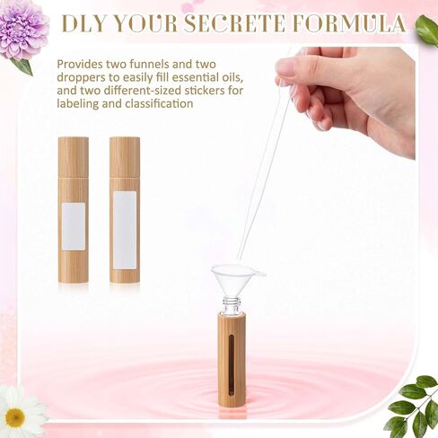 18 Pcs 10ml Bamboo Roll on Bottles for Essential Oils Empty Bottles with Stainless Steel Roller Balls with Funnels, 3ml Droppers and Stickers in Kuwait