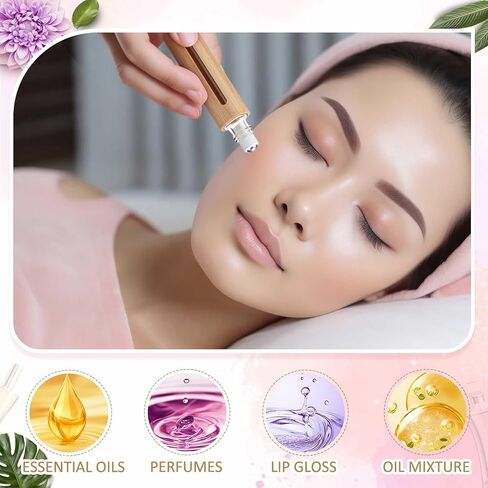 18 Pcs 10ml Bamboo Roll on Bottles for Essential Oils Empty Bottles with Stainless Steel Roller Balls with Funnels, 3ml Droppers and Stickers in Kuwait