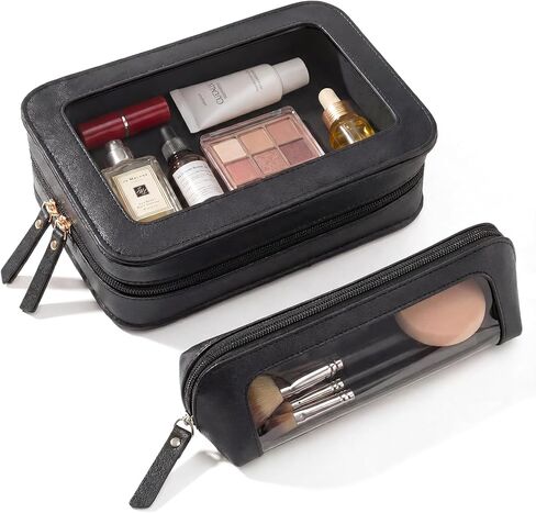 مجموعة حقائب مكياج شفافة مكونة من قطعتين من LETGO، حقيبة فرشاة مكياج محمولة، حقيبة أدوات الزينة الجلدية المحمولة للسفر ومستلزمات السيارة للنساء (أبيض) in Kuwait