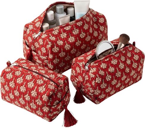 ATOSII Set of 3 100% Cotton Handblock Print Quilted Toiletry Cosmetic Makeup Travel Bag for Women, Waterproof Inner Lining, Jewelry Essentials Storage Case, Toiletries Pouch Purse, Moss Pink in Saudi Arabia