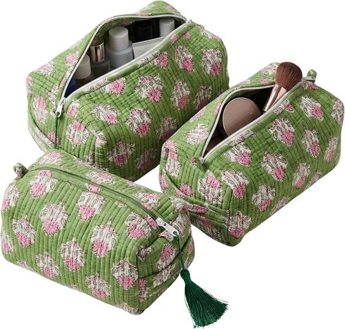 ATOSII Set of 3 100% Cotton Handblock Print Quilted Toiletry Cosmetic Makeup Travel Bag for Women, Waterproof Inner Lining, Jewelry Essentials Storage Case, Toiletries Pouch Purse, Moss Pink in Saudi Arabia