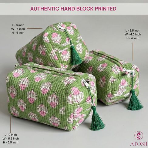 ATOSII Set of 3 100% Cotton Handblock Print Quilted Toiletry Cosmetic Makeup Travel Bag for Women, Waterproof Inner Lining, Jewelry Essentials Storage Case, Toiletries Pouch Purse, Moss Pink in Saudi Arabia