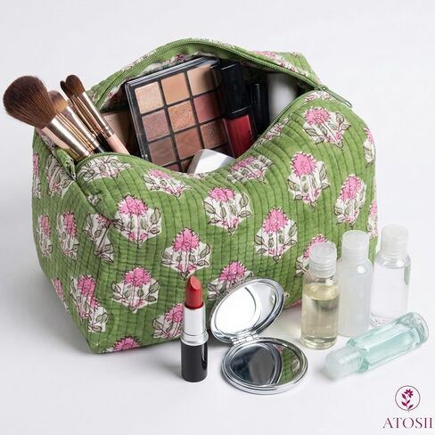 ATOSII Set of 3 100% Cotton Handblock Print Quilted Toiletry Cosmetic Makeup Travel Bag for Women, Waterproof Inner Lining, Jewelry Essentials Storage Case, Toiletries Pouch Purse, Moss Pink in Saudi Arabia