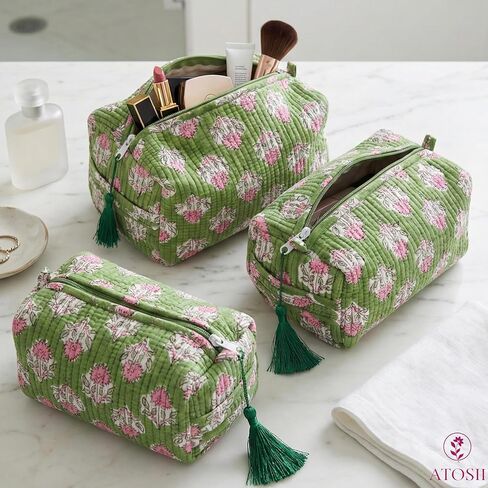 ATOSII Set of 3 100% Cotton Handblock Print Quilted Toiletry Cosmetic Makeup Travel Bag for Women, Waterproof Inner Lining, Jewelry Essentials Storage Case, Toiletries Pouch Purse, Moss Pink in Saudi Arabia