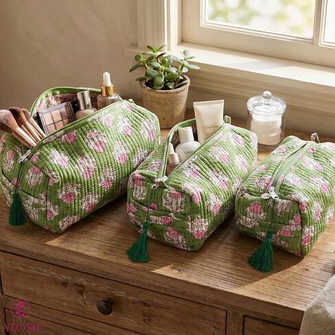 ATOSII Set of 3 100% Cotton Handblock Print Quilted Toiletry Cosmetic Makeup Travel Bag for Women, Waterproof Inner Lining, Jewelry Essentials Storage Case, Toiletries Pouch Purse, Moss Pink in Saudi Arabia