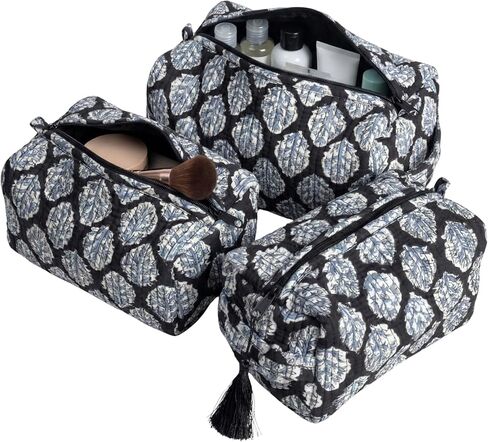 ATOSII Set of 3 100% Cotton Handblock Print Quilted Toiletry Cosmetic Makeup Travel Bag for Women, Waterproof Inner Lining, Jewelry Essentials Storage Case, Toiletries Pouch Purse, Moss Pink in Saudi Arabia