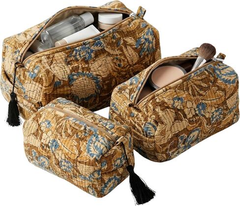 ATOSII Set of 3 100% Cotton Handblock Print Quilted Toiletry Cosmetic Makeup Travel Bag for Women, Waterproof Inner Lining, Jewelry Essentials Storage Case, Toiletries Pouch Purse, Moss Pink in Saudi Arabia