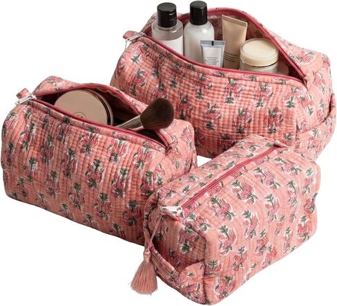 ATOSII Set of 3 100% Cotton Handblock Print Quilted Toiletry Cosmetic Makeup Travel Bag for Women, Waterproof Inner Lining, Jewelry Essentials Storage Case, Toiletries Pouch Purse, Moss Pink in Saudi Arabia