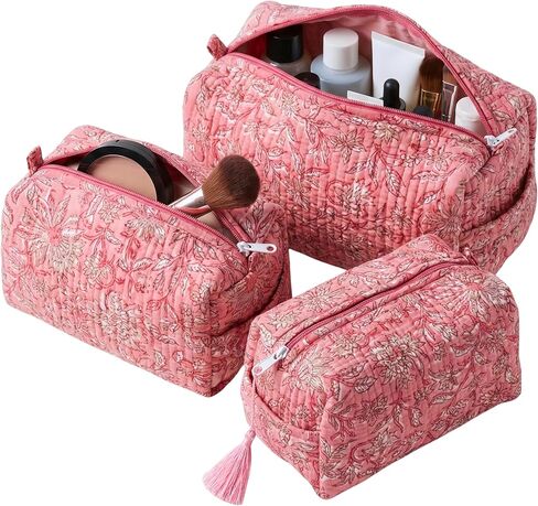 ATOSII Set of 3 100% Cotton Handblock Print Quilted Toiletry Cosmetic Makeup Travel Bag for Women, Waterproof Inner Lining, Jewelry Essentials Storage Case, Toiletries Pouch Purse, Moss Pink in Saudi Arabia