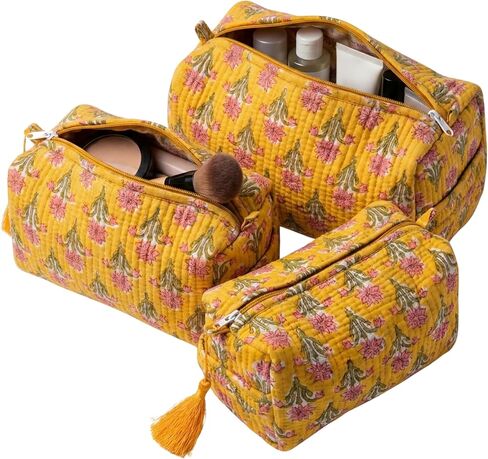 ATOSII Set of 3 100% Cotton Handblock Print Quilted Toiletry Cosmetic Makeup Travel Bag for Women, Waterproof Inner Lining, Jewelry Essentials Storage Case, Toiletries Pouch Purse, Moss Pink in Saudi Arabia