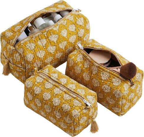 ATOSII Set of 3 100% Cotton Handblock Print Quilted Toiletry Cosmetic Makeup Travel Bag for Women, Waterproof Inner Lining, Jewelry Essentials Storage Case, Toiletries Pouch Purse, Moss Pink in Saudi Arabia