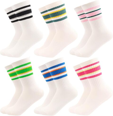 6 Pairs Solid Color Multi Stripe Retro Crew Socks Casual Striped Socks for women Girls in Saudi Arabia