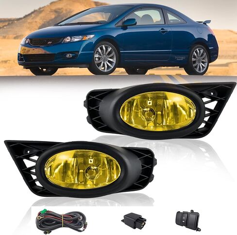 Fog Lights Assembly Replacement for 2009 2010 2011 Honda Civic Sedan, Front Bumper Driving Fog Lamps with Wire Harness for Passenger and Driver Side (Amber Lens) in Saudi Arabia