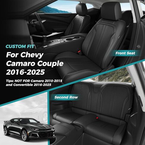 مجموعة أغطية مقاعد Chevy Camaro 2016-2024 كاملة، تناسب حسب الطلب الجيل السادس Camaro LT LS RS SS ZL كوبيه، وسادة حماية للسيارة مقاومة للماء من الجلد الصناعي الفاخر (أسود) in Kuwait
