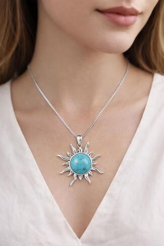 Turquoise Sun Pendant Necklace for Women - Bohemian Western Celestial Jewelry Gifts | Womens Dainty Boho Sunburst Charm with Natural Turquoise | Silver Chain Birthday Gift for Her in Saudi Arabia