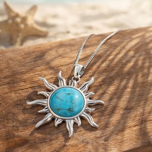 Turquoise Sun Pendant Necklace for Women - Bohemian Western Celestial Jewelry Gifts | Womens Dainty Boho Sunburst Charm with Natural Turquoise | Silver Chain Birthday Gift for Her in Saudi Arabia
