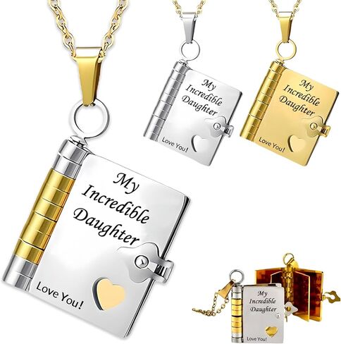 My Incredible Book Necklace for Daughter Gift from Mom/Dad, Adjustable Book Necklaces with 6 Pages of Engraved Information, Gift for Daughter Birthday Christmas in Saudi Arabia