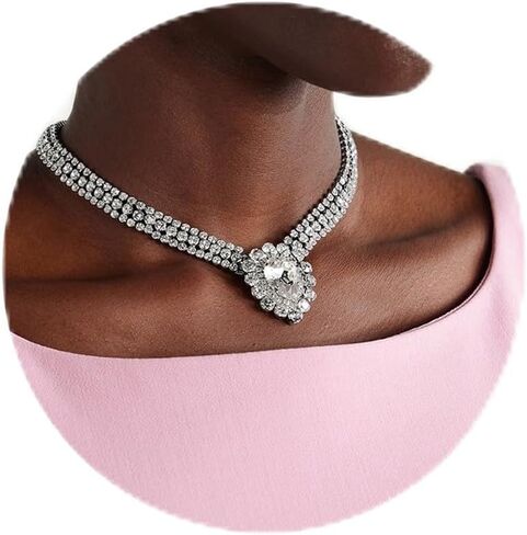 قلادة بحجر الراين مكتنزة للنساء قلادات كريستال فضية كبيرة قلادات الزفاف للعرائس مجوهرات حفلة موسيقية in Kuwait