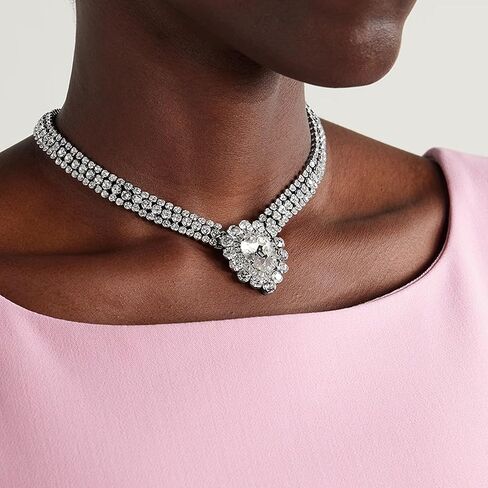 قلادة بحجر الراين مكتنزة للنساء قلادات كريستال فضية كبيرة قلادات الزفاف للعرائس مجوهرات حفلة موسيقية in Kuwait