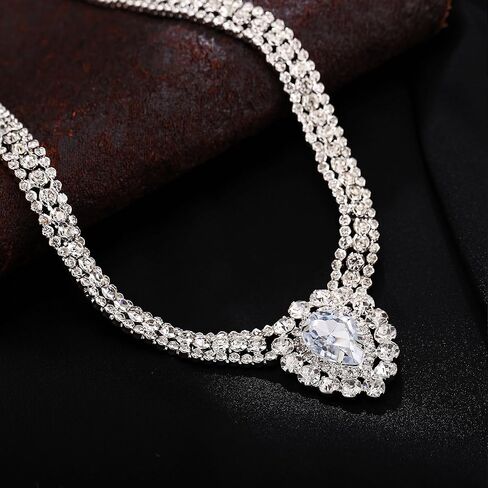 قلادة بحجر الراين مكتنزة للنساء قلادات كريستال فضية كبيرة قلادات الزفاف للعرائس مجوهرات حفلة موسيقية in Kuwait