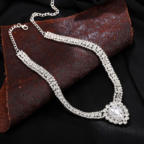 قلادة بحجر الراين مكتنزة للنساء قلادات كريستال فضية كبيرة قلادات الزفاف للعرائس مجوهرات حفلة موسيقية in Kuwait