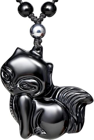 Jewever Black Obsidian Lucky Fox Necklace Natural Stone Healing Crystal Pendant Protection Amulet Gemstons Pendant Jewelery in Saudi Arabia